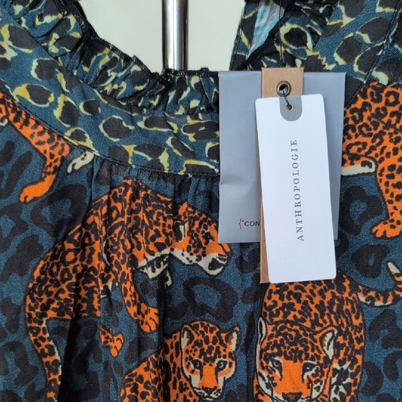 Anthropologie Leopard Animal Print Blouse in Blue and Orange - Picture 3 of 6